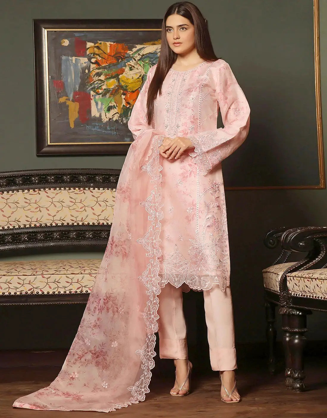 Sharjeena Semi-Stitched Embroidered Peach Organza Dress with Free Clutch Bag