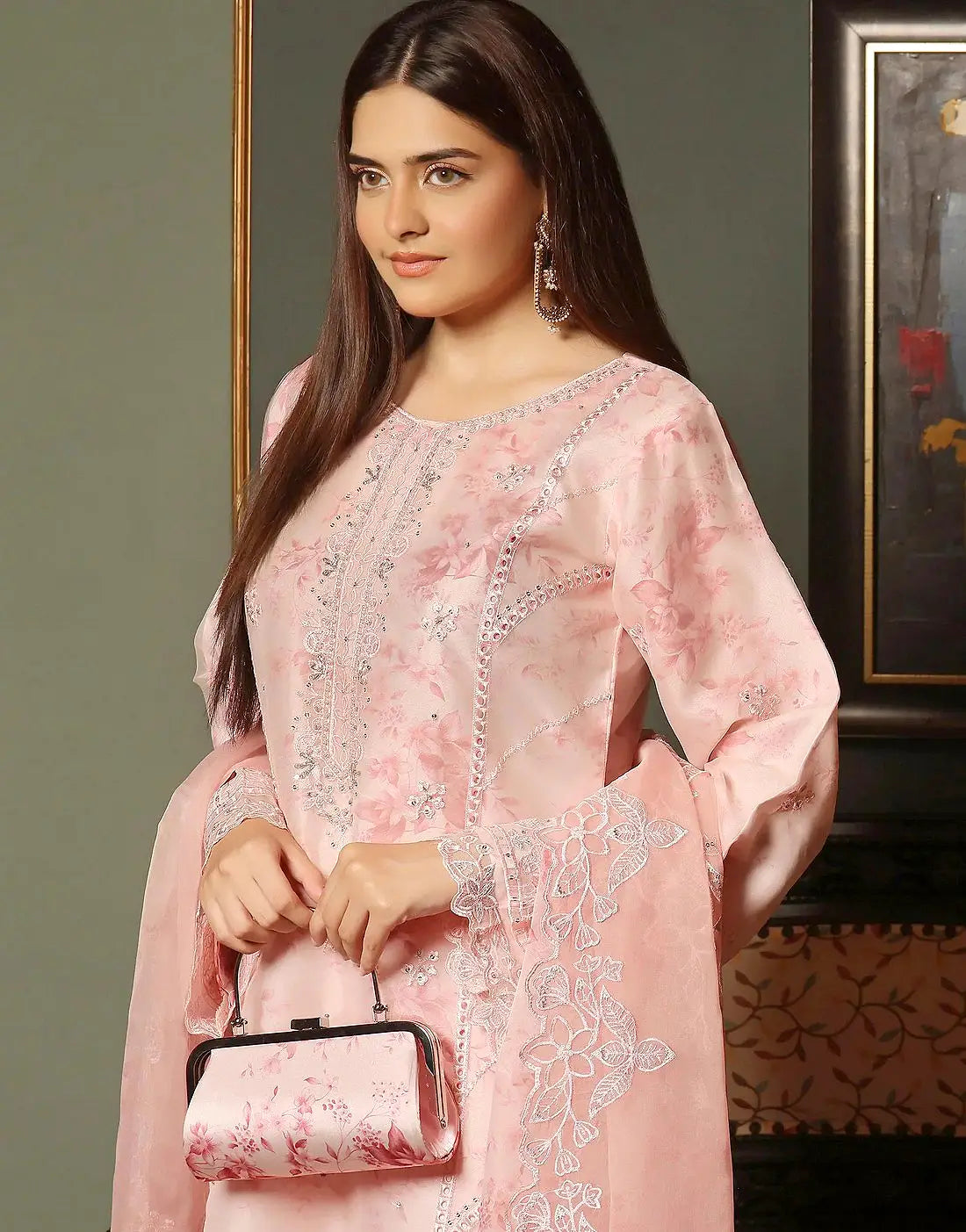 Sharjeena Semi-Stitched Embroidered Peach Organza Dress with Free Clutch Bag
