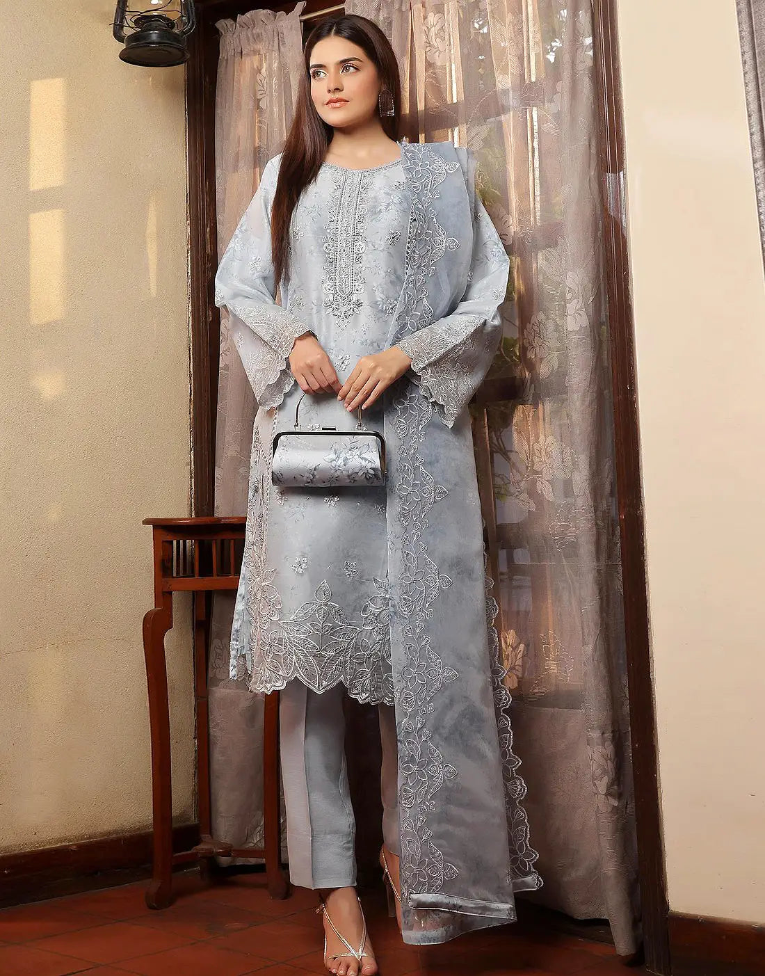 Sharjeena Semi-Stitched Embroidered Organza Dress with Free Clutch Bag
