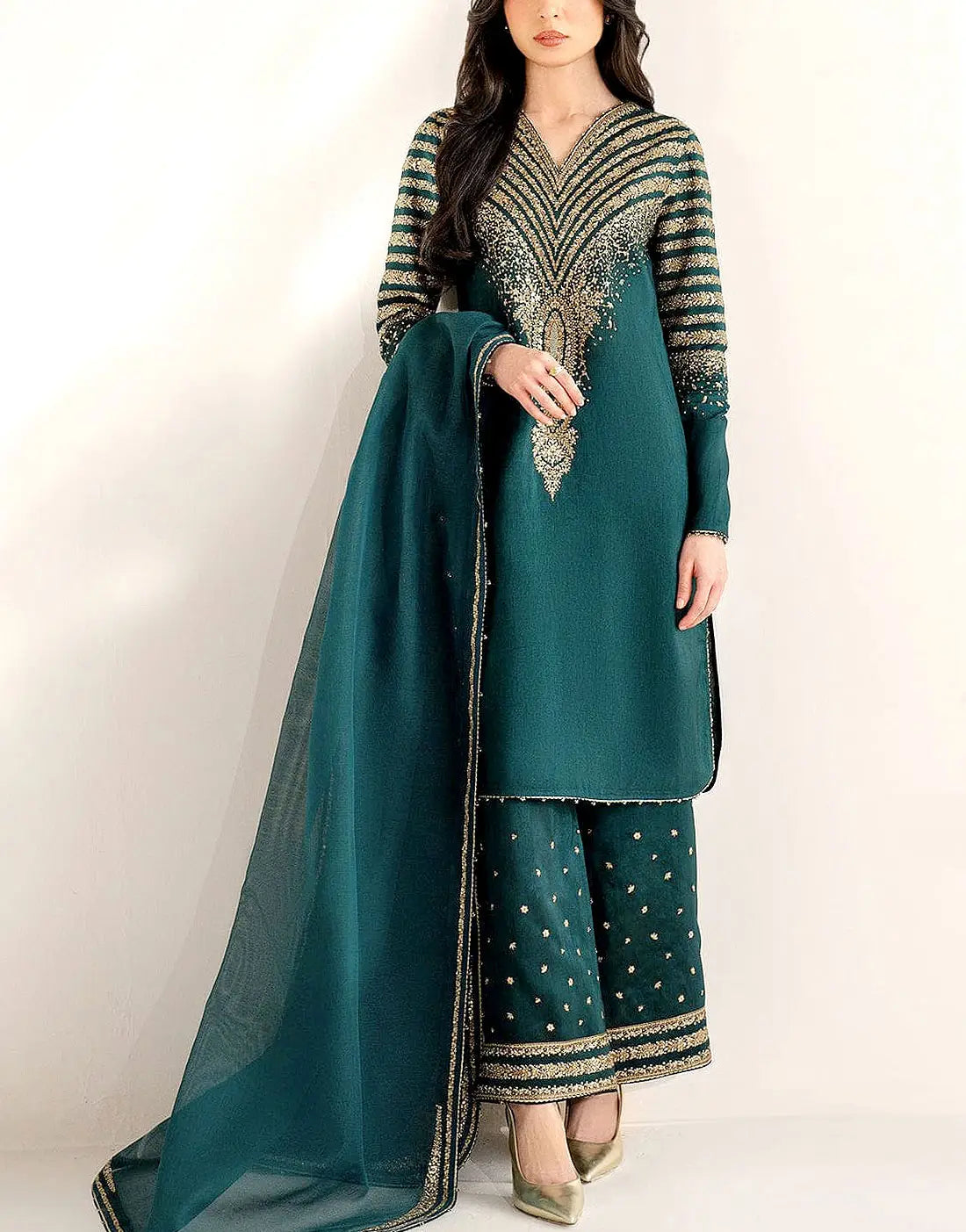 Fashionable Intricate Embroidered Teal Green Raw Silk Dress with Embroidered Bottoms