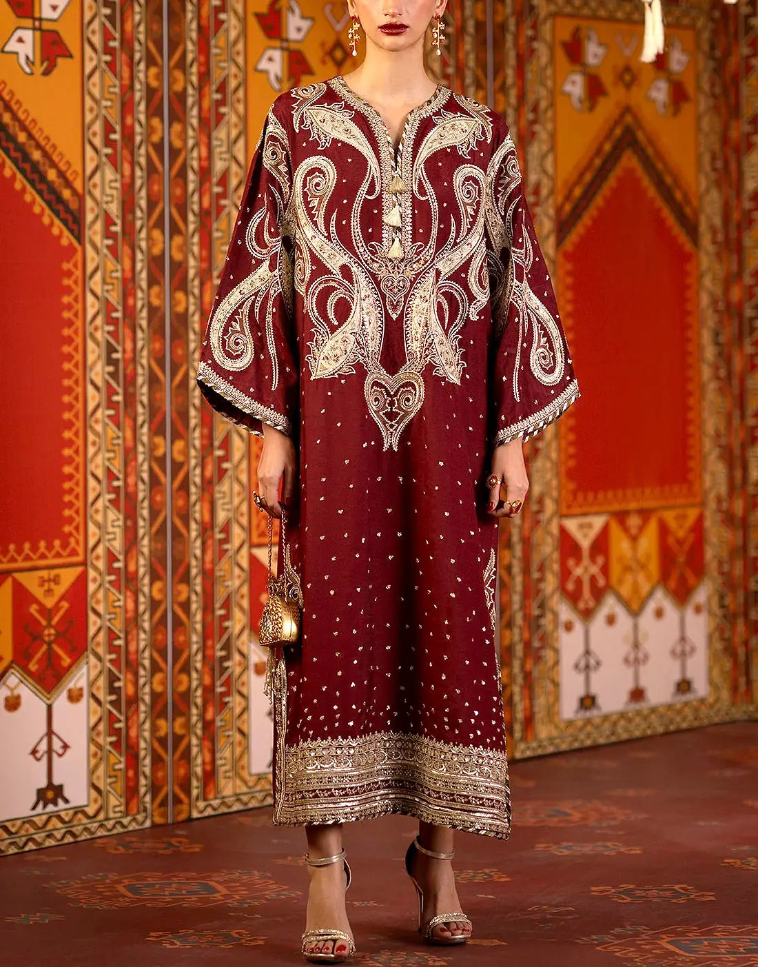 Luxury Embroidered Maroon Silk Kaftan Party Dress with Embroidered Silk Dupatta