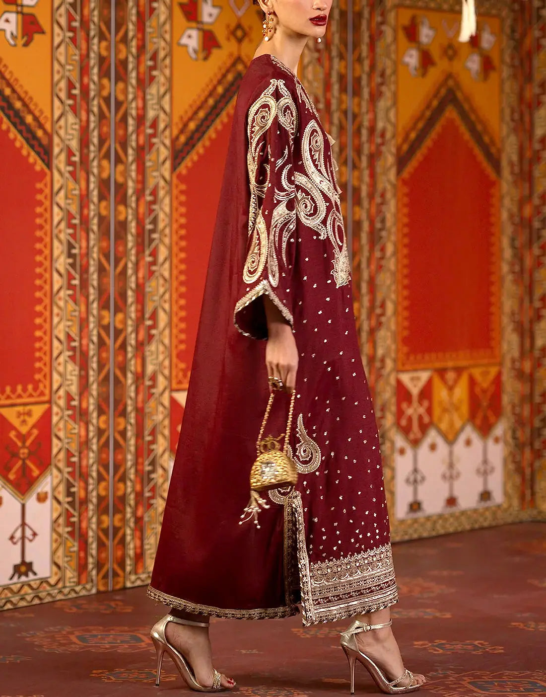 Luxury Embroidered Maroon Silk Kaftan Party Dress with Embroidered Silk Dupatta
