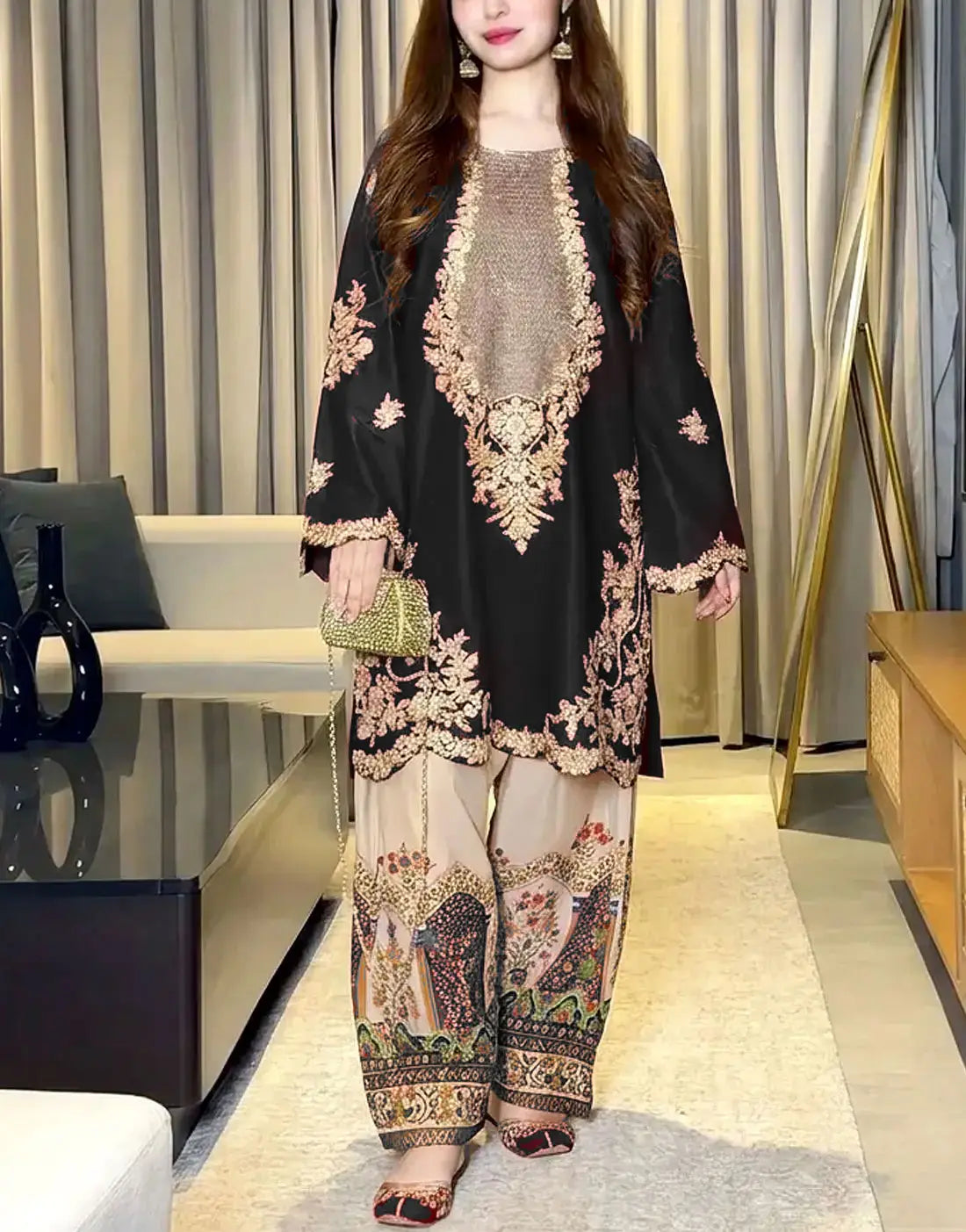 Trendy 2-Piece Embroidered Silk Dress for Girls