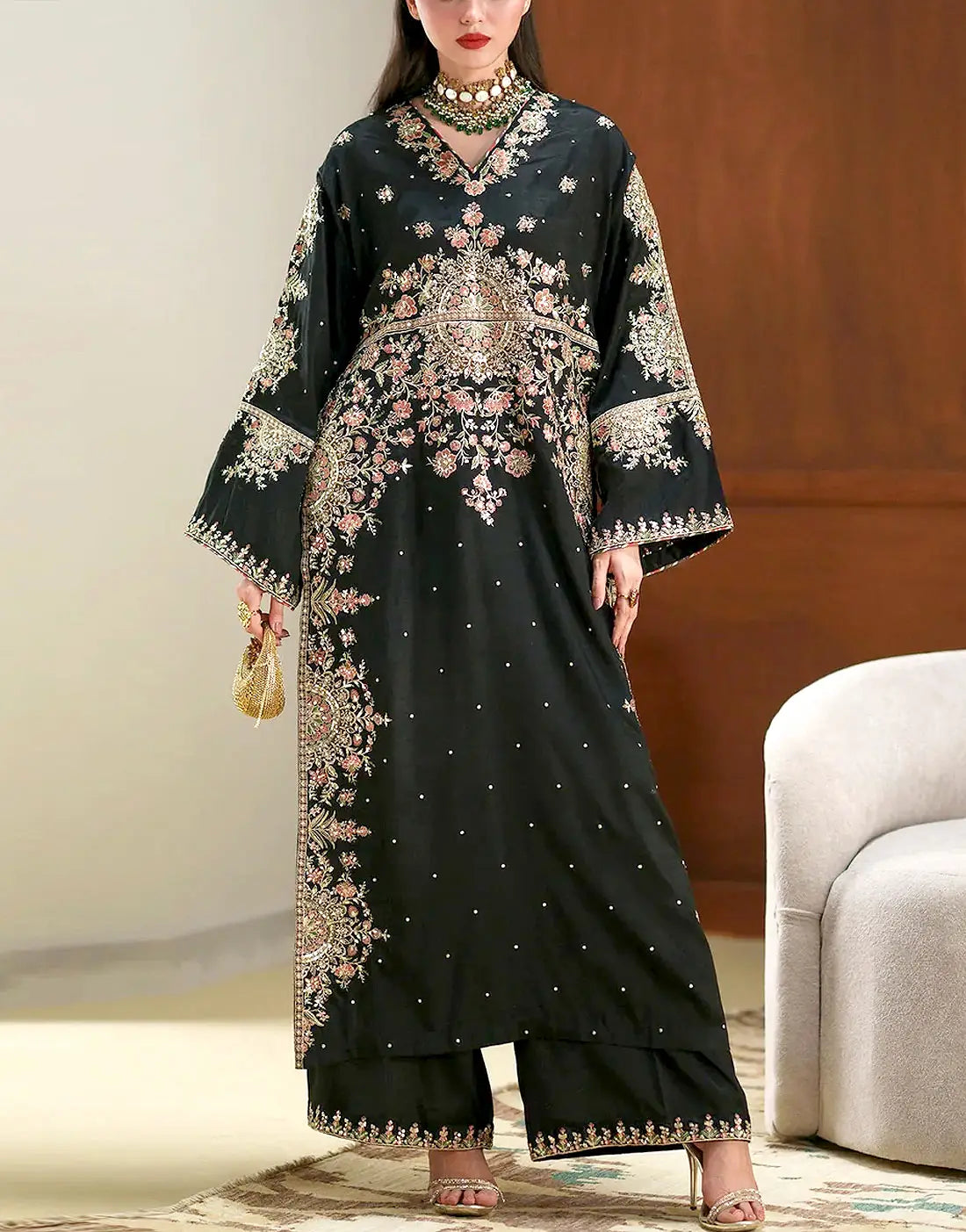 Luxury Embroidered Black Silk Kaftan Wedding Dress with Embroidered Silk Dupatta