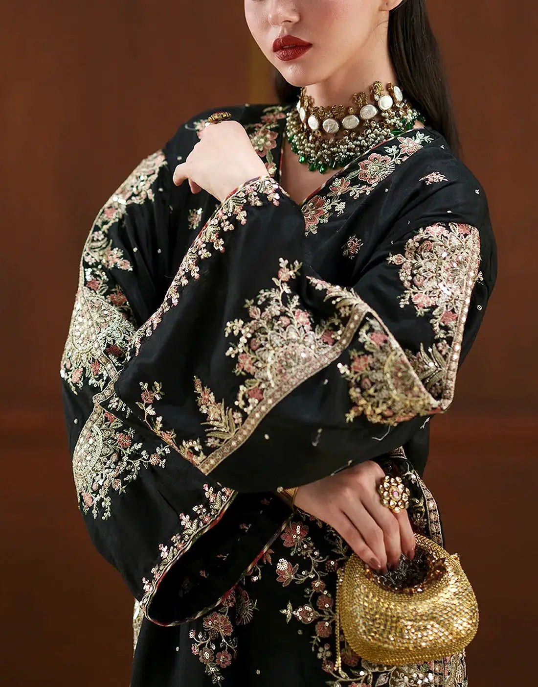 Luxury Embroidered Black Silk Kaftan Wedding Dress with Embroidered Silk Dupatta