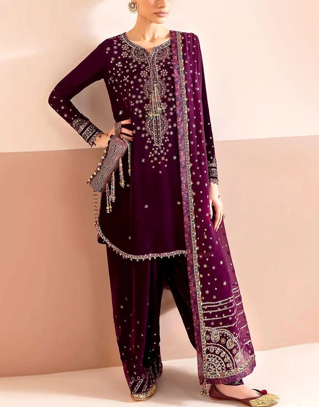 Premium Heavy Embroidered Dark Magenta Velvet Wedding Dress