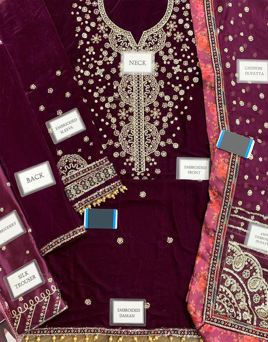 Premium Heavy Embroidered Dark Magenta Velvet Wedding Dress