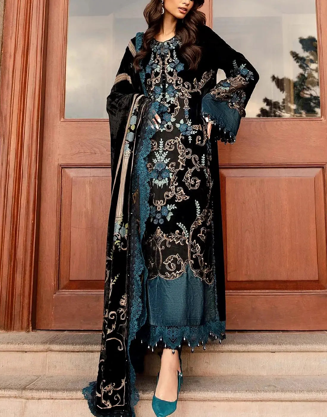 Glamorous Embroidered Velvet Bridal Dress with Matching Velvet Shawl