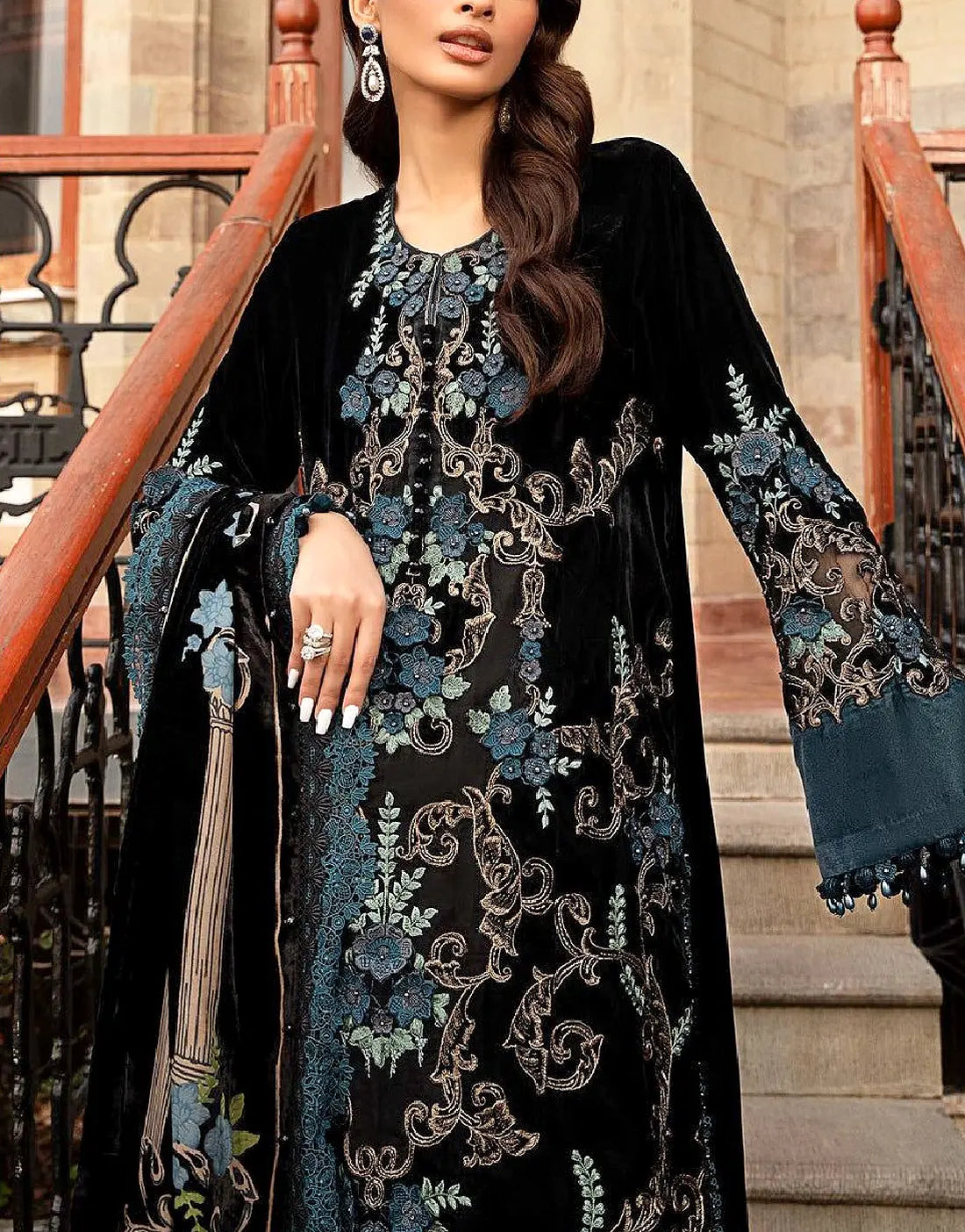 Glamorous Embroidered Velvet Bridal Dress with Matching Velvet Shawl