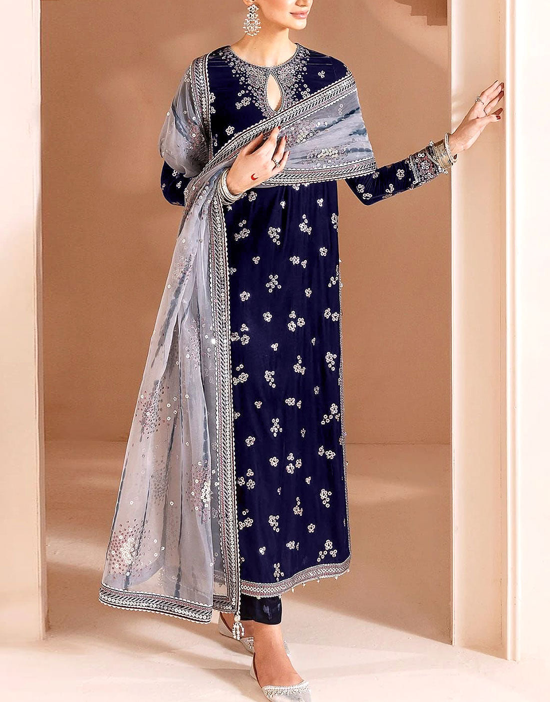 Stunning Formal Embroidered Navy Blue Velvet Wedding Wear Dress
