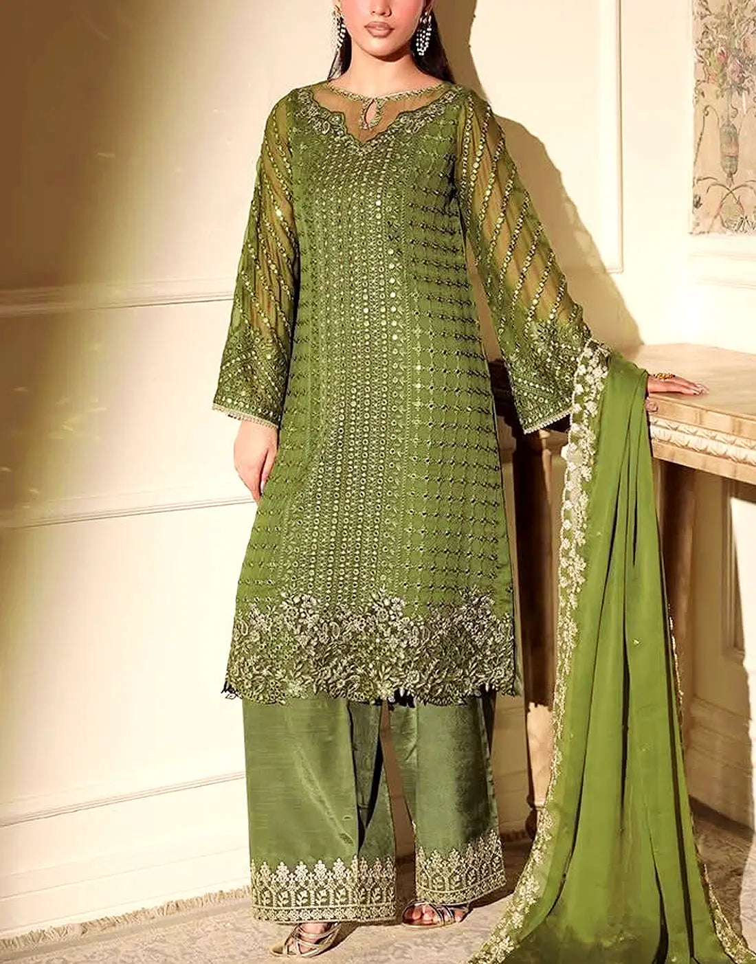 Glittering Heavy Embroidered Olive Green Mehndi Dress with 9mm Sequins Detailing