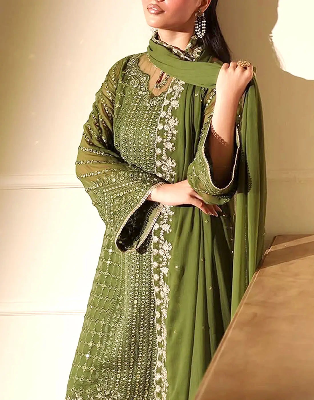 Glittering Heavy Embroidered Olive Green Mehndi Dress with 9mm Sequins Detailing