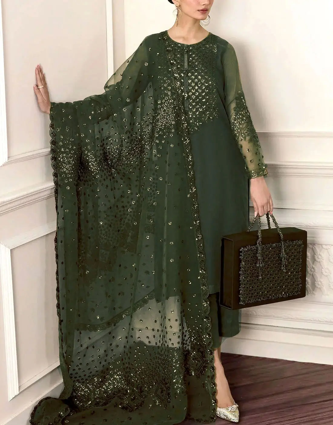 Graceful Heavy Embroidered Bottle Green Chiffon Wedding Dress with Handwork & Pearls Neck
