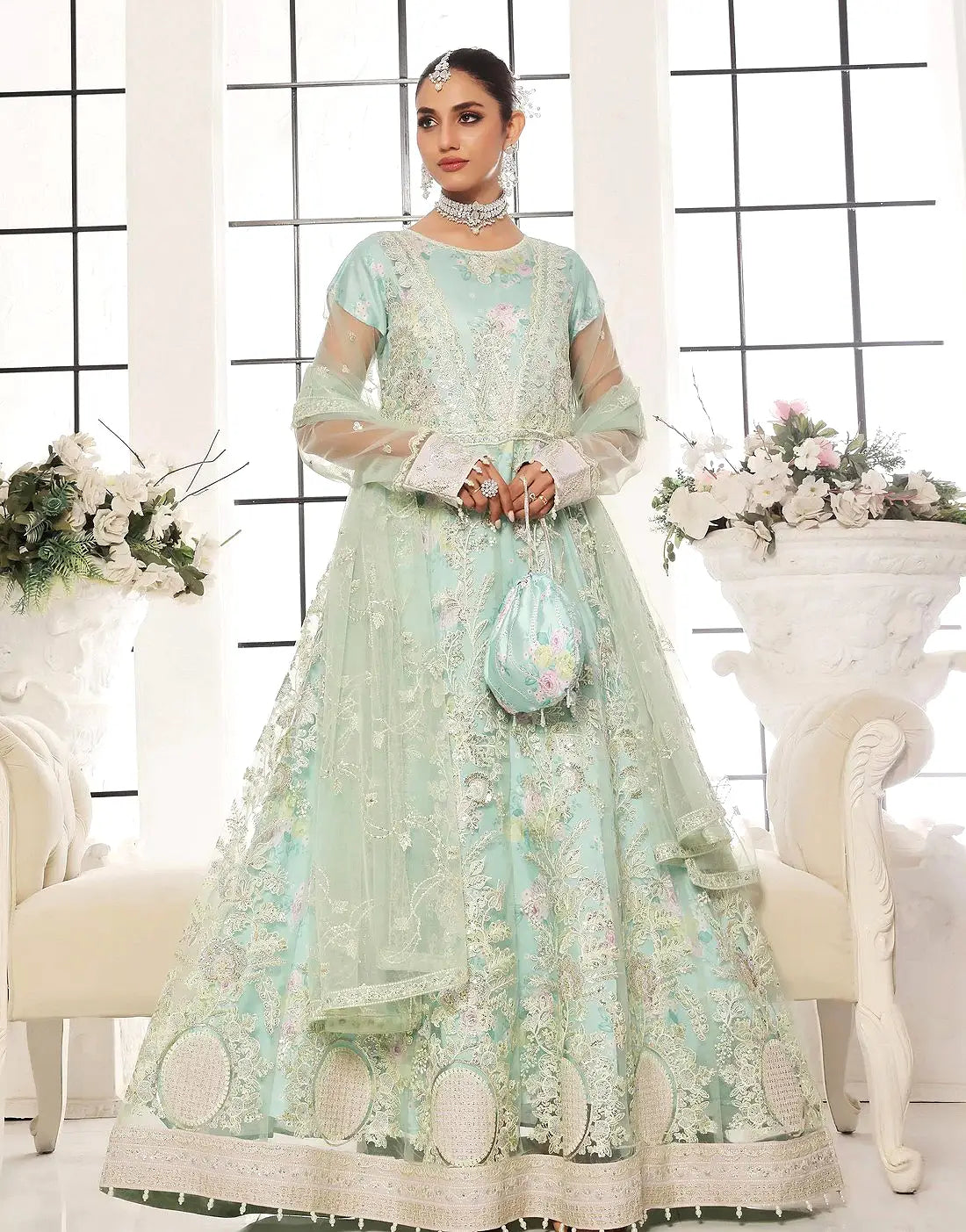 Mushq Semi-Stitched Intricate Embroidered Soft Green Net Maxi Dress with Embroidered Potli Pouch