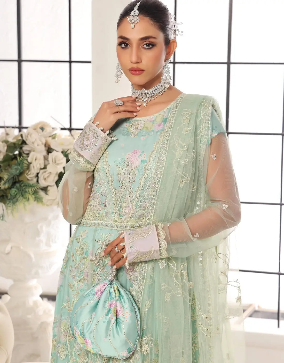Mushq Semi-Stitched Intricate Embroidered Soft Green Net Maxi Dress with Embroidered Potli Pouch