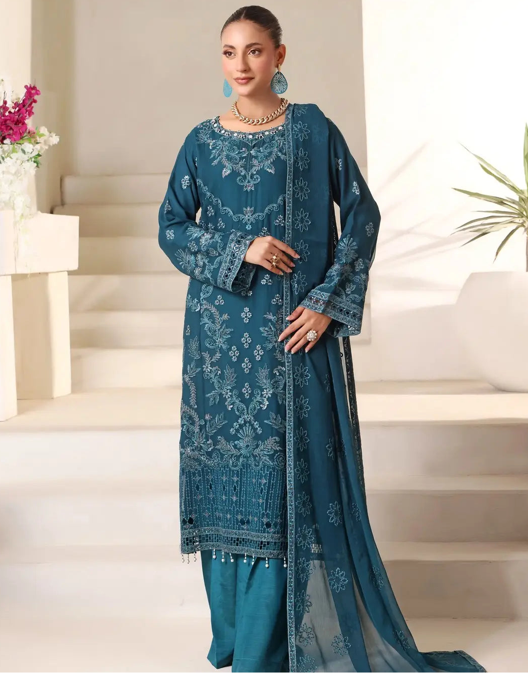 Samara Semi-Stitched Zinc Color Embroidered Chiffon Dress for Formal and Party Wear