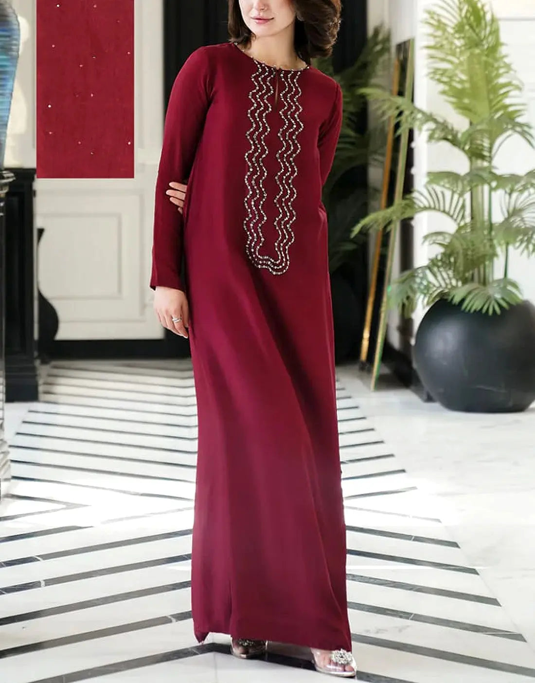 Elegant Neck Embroidered Maroon Color Silk Dress for Girls