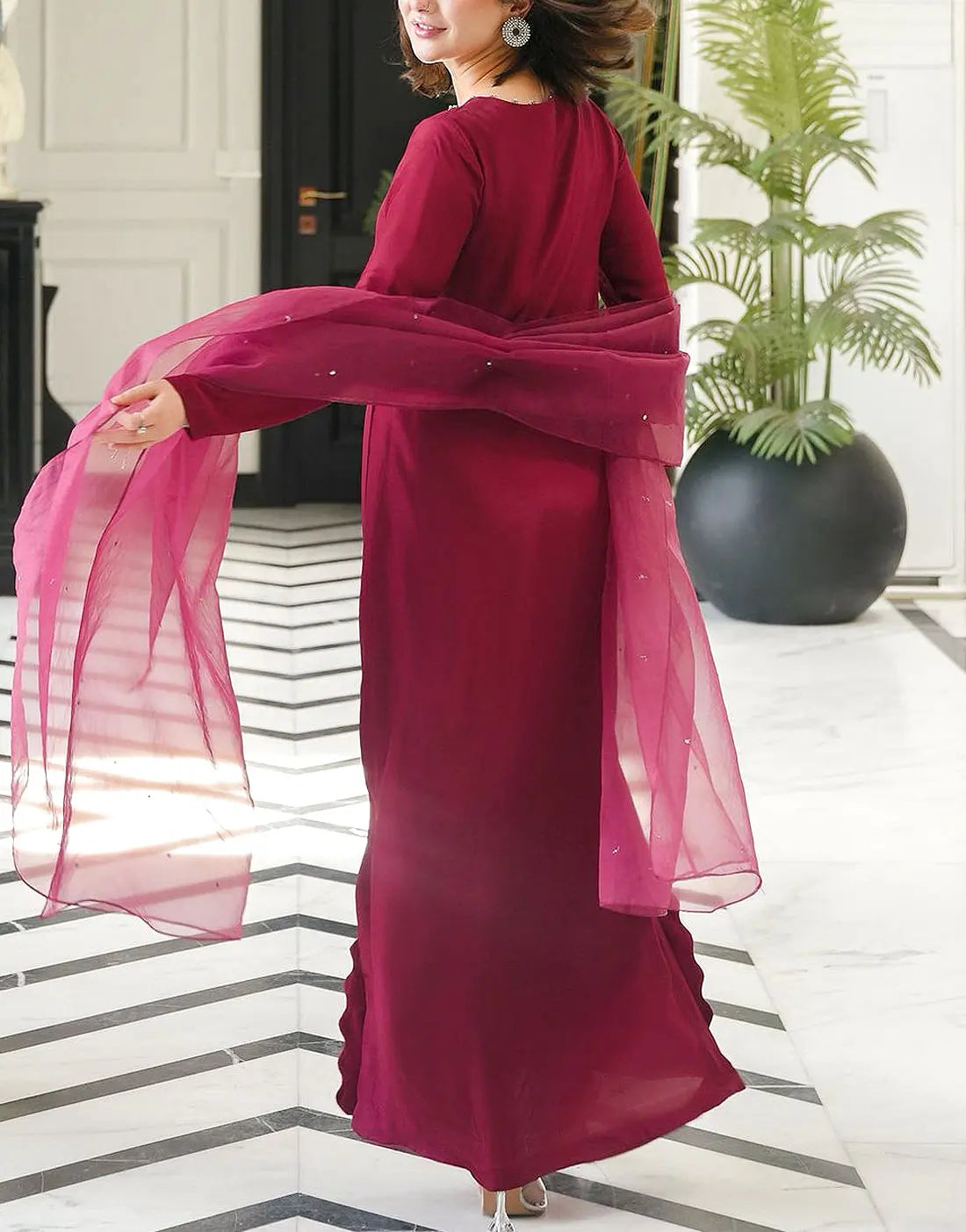 Elegant Neck Embroidered Maroon Color Silk Dress for Girls