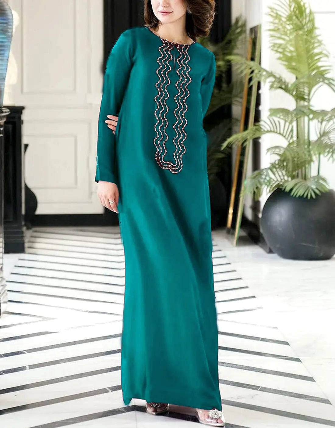 Elegant Neck Embroidered Zinc Color Silk Dress for Girls