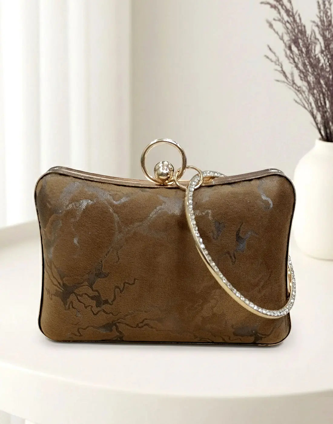 Trendy Textured Velvet Evening Clutch with Bangle Handle