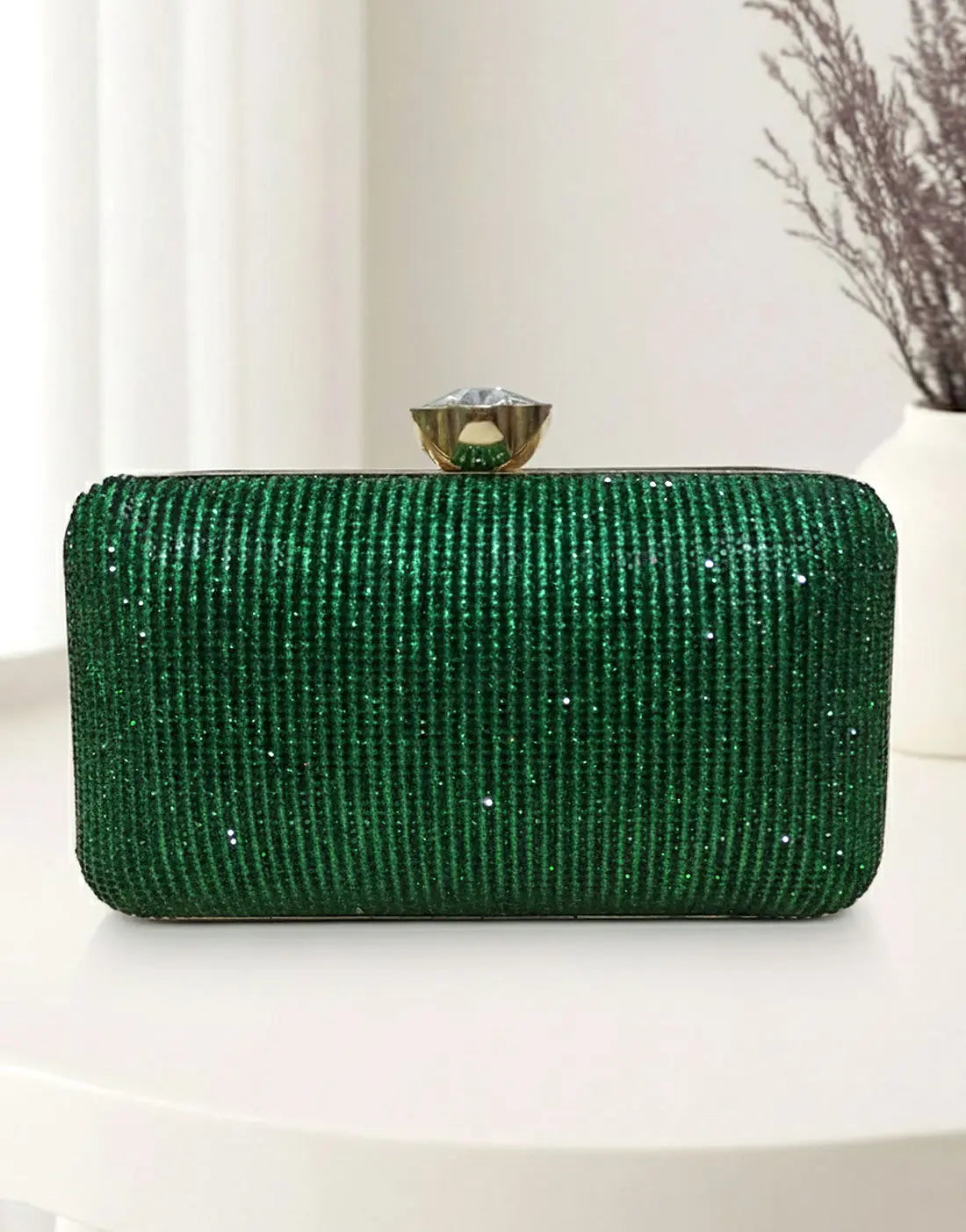 Glitter Emerald Green Diamante Clutch Purse for Formal & Party Wear
