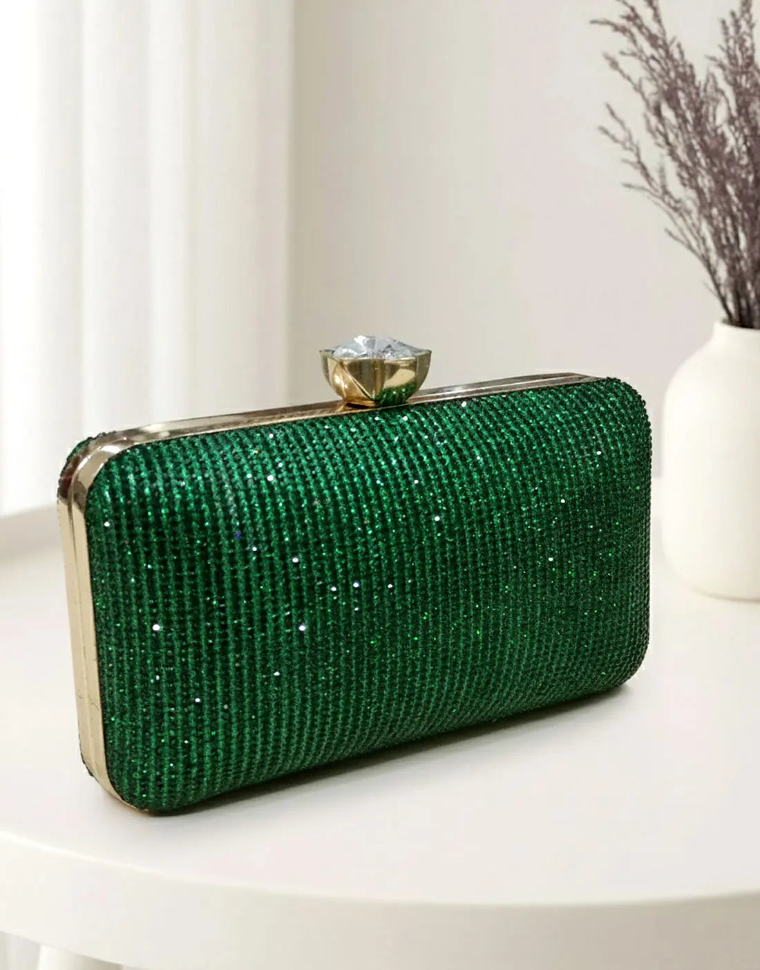 Glitter Emerald Green Diamante Clutch Purse for Formal & Party Wear