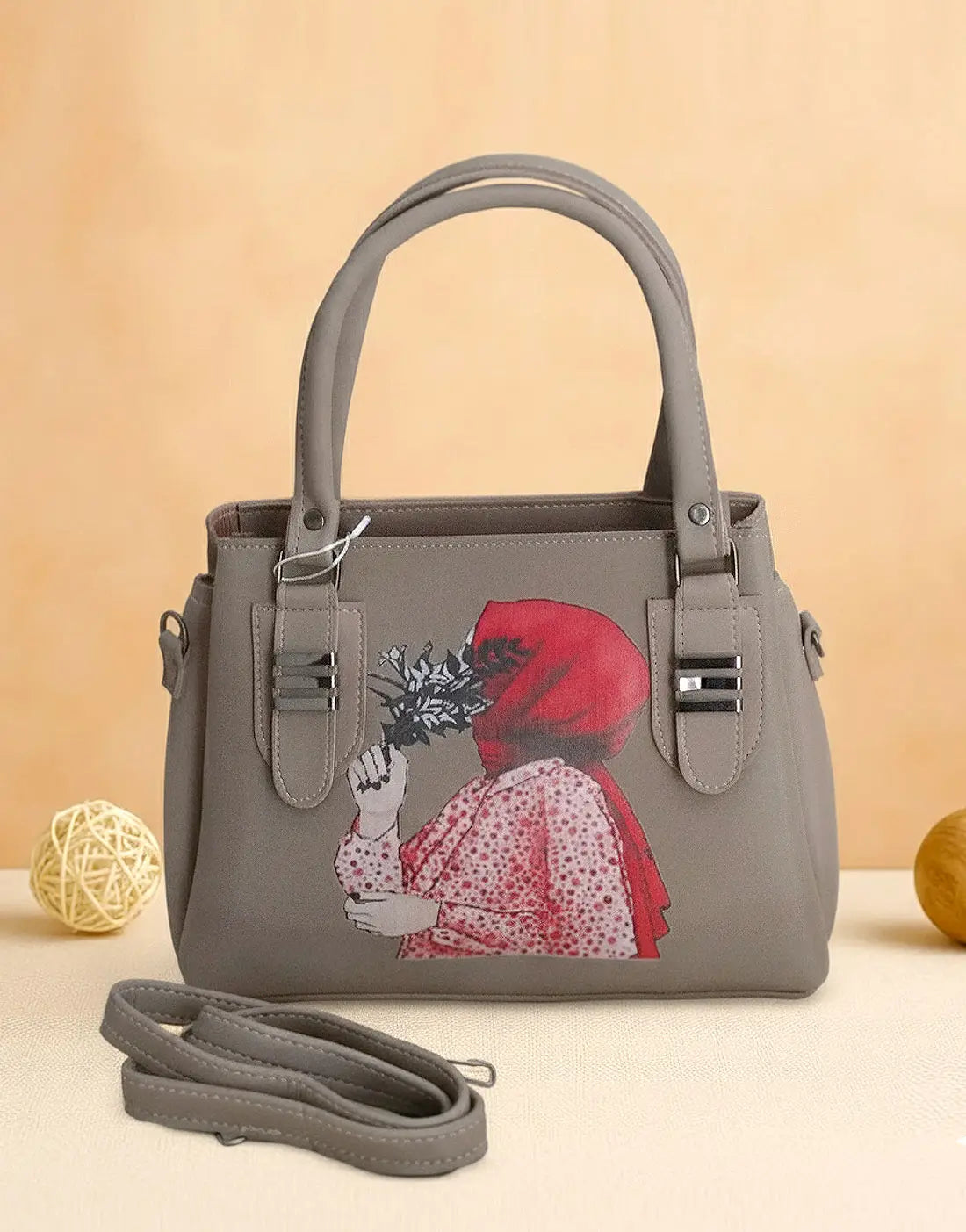 Stylish Hijabi Girl Printed Gray Synthetic Leather Handbag