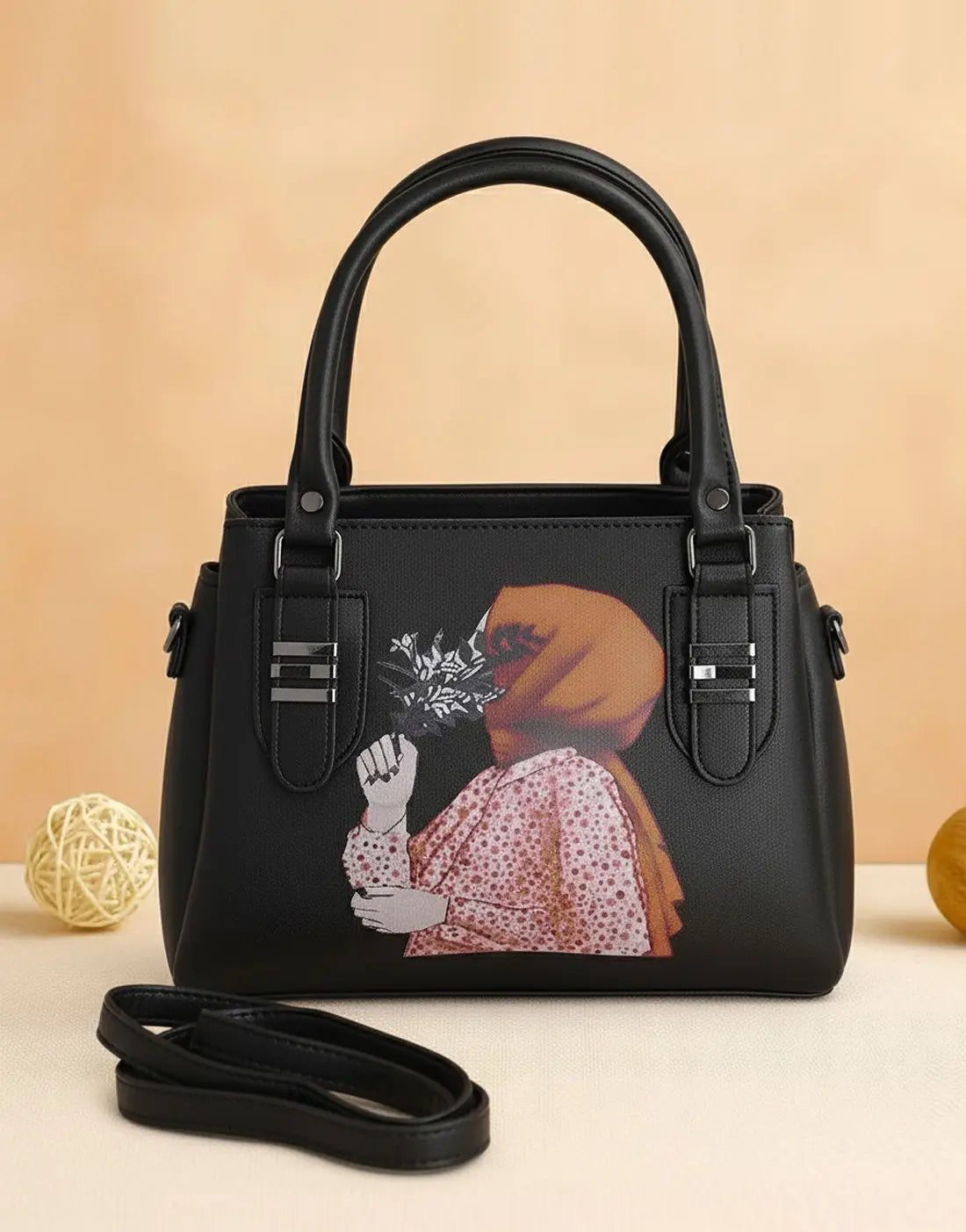 Stylish Hijabi Girl Printed Black Synthetic Leather Handbag