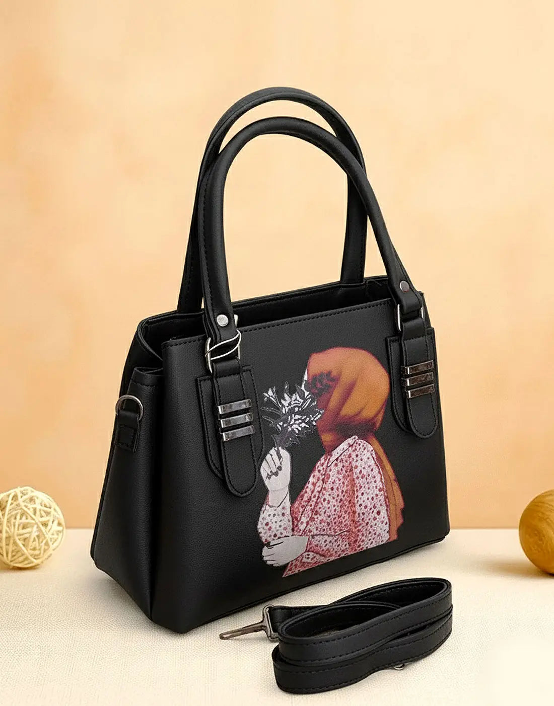Stylish Hijabi Girl Printed Black Synthetic Leather Handbag