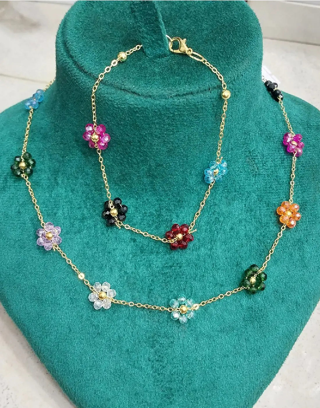 Multicolor Flower Charm Mala & Bracelet Set