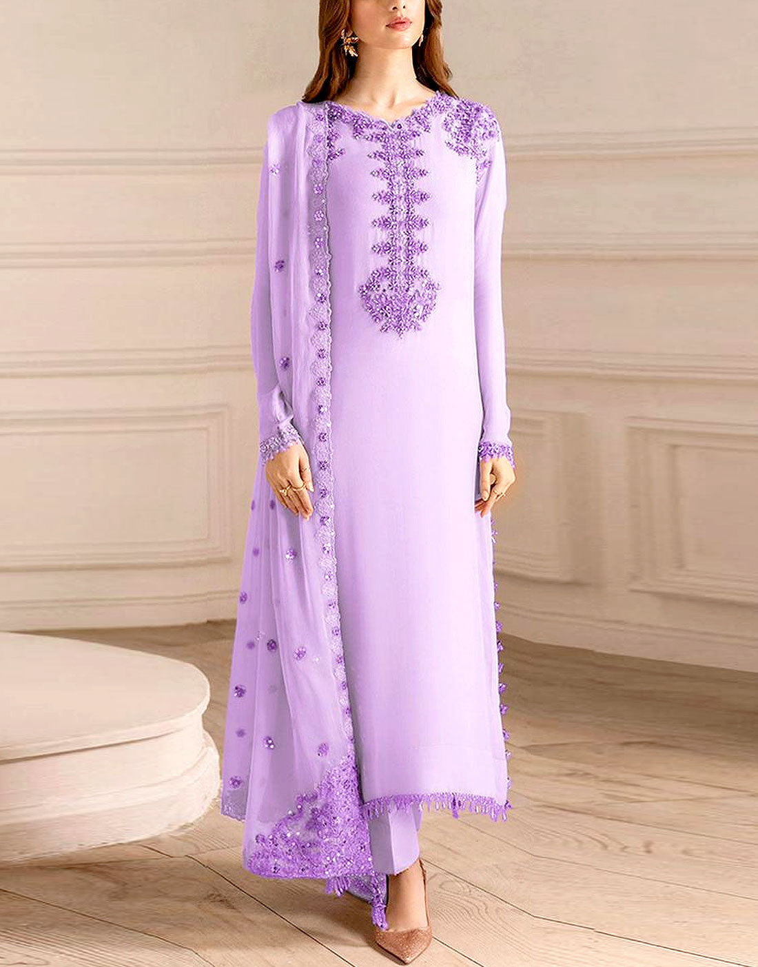 Alluring Embroidered Purple Formal & Party Chiffon Dress