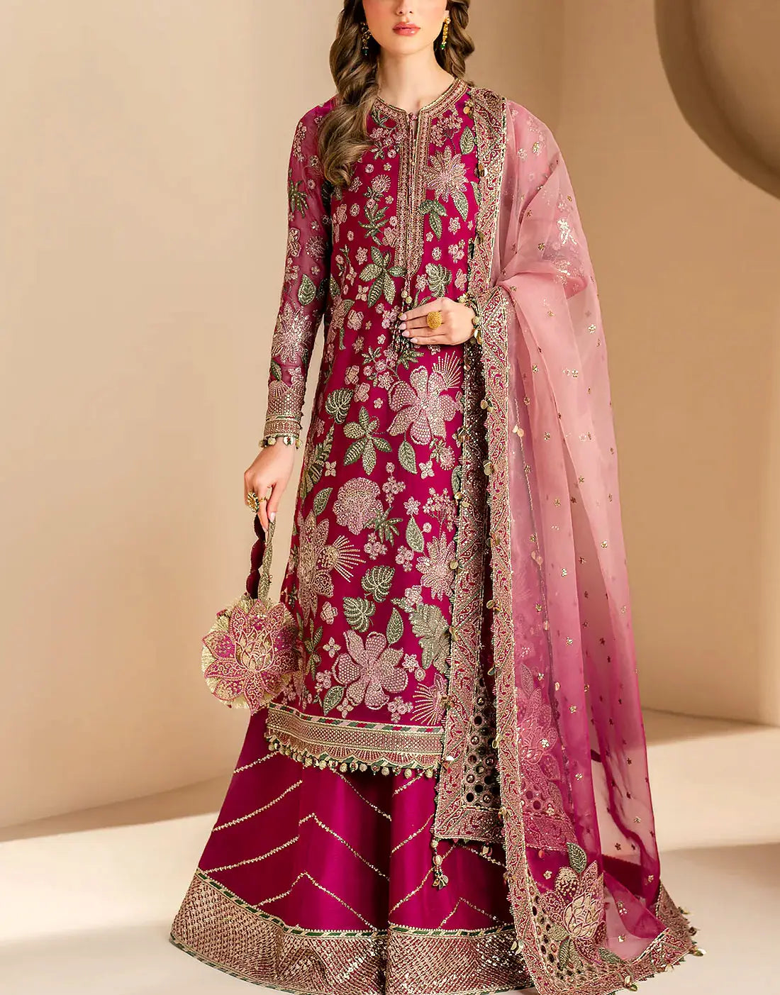 Glamorous Heavy Embroidered Chiffon Wedding Wear Dress with Emb. NET Dupatta