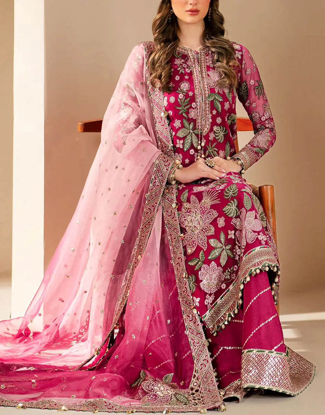 Glamorous Heavy Embroidered Chiffon Wedding Wear Dress with Emb. NET Dupatta