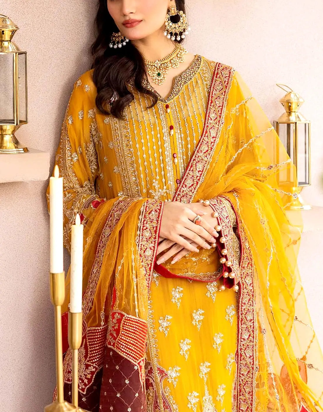 Heavy Embroidered Yellow Chiffon Wedding Dress - Ideal for Mayun & Mehndi Events