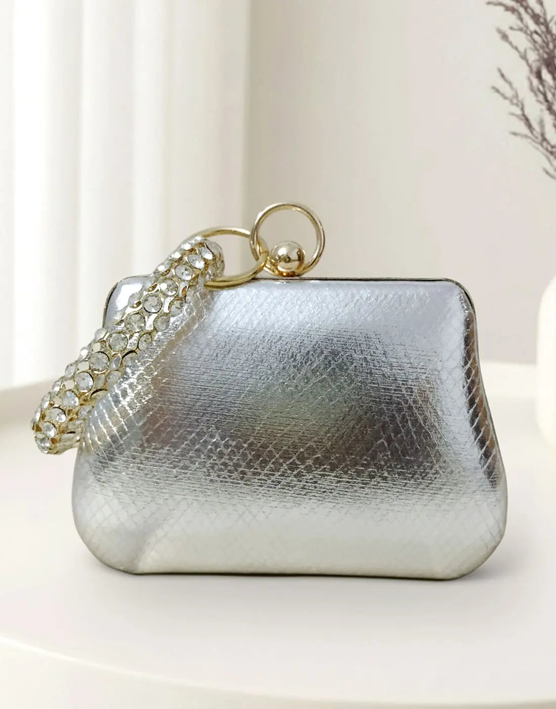 Glam Shine Trapezoid Shape Silver Clutch Bag for Weddings & Events