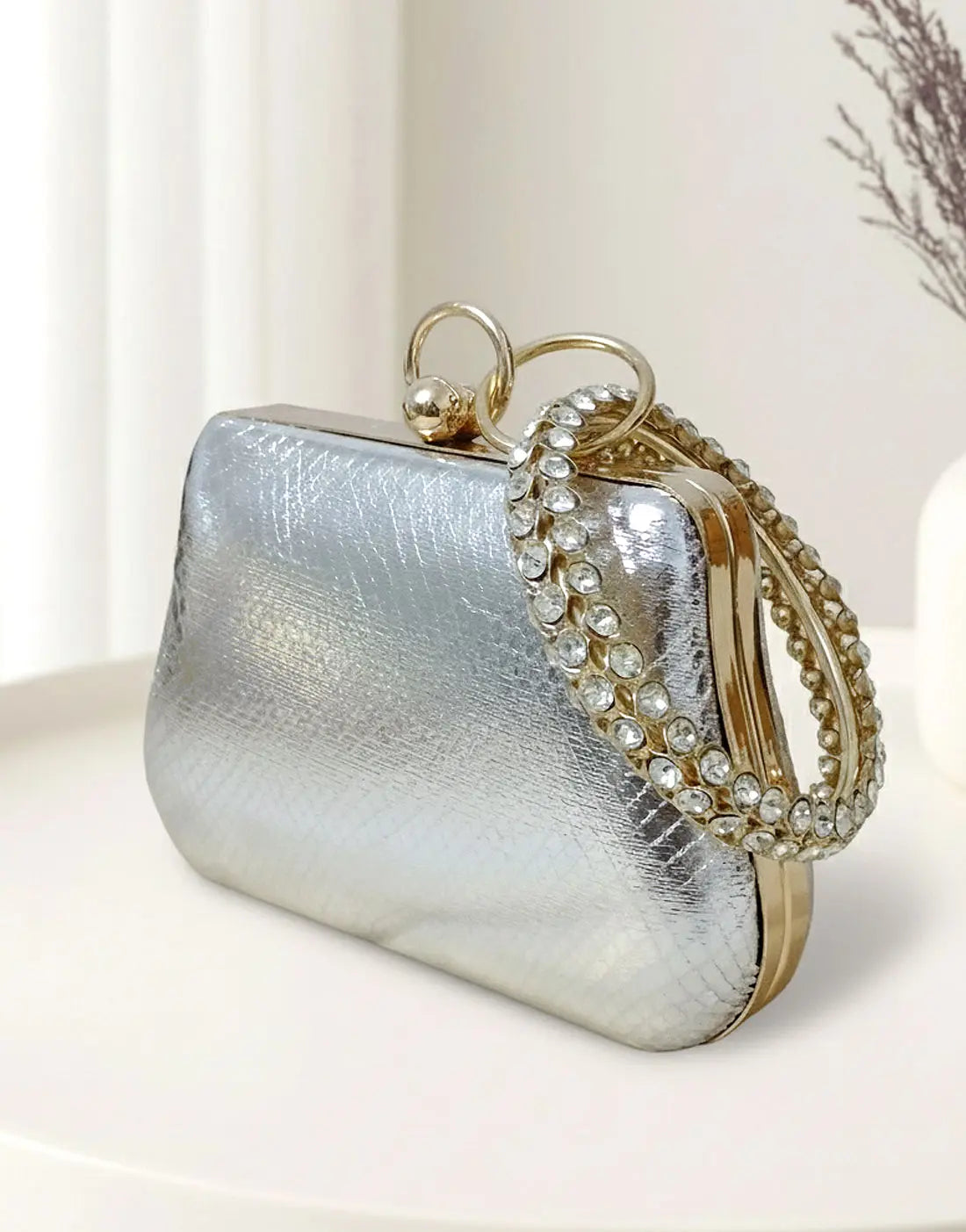 Glam Shine Trapezoid Shape Silver Clutch Bag for Weddings & Events