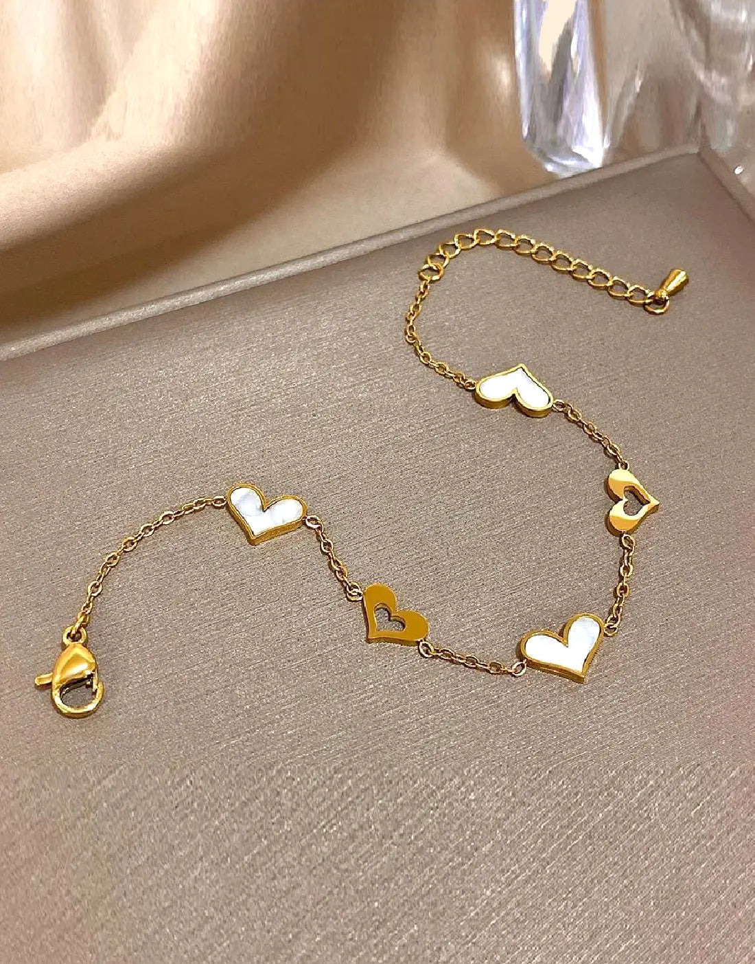 Minimalist Gold Plated Heart Charm Bracelet in Stainless Steel Finish