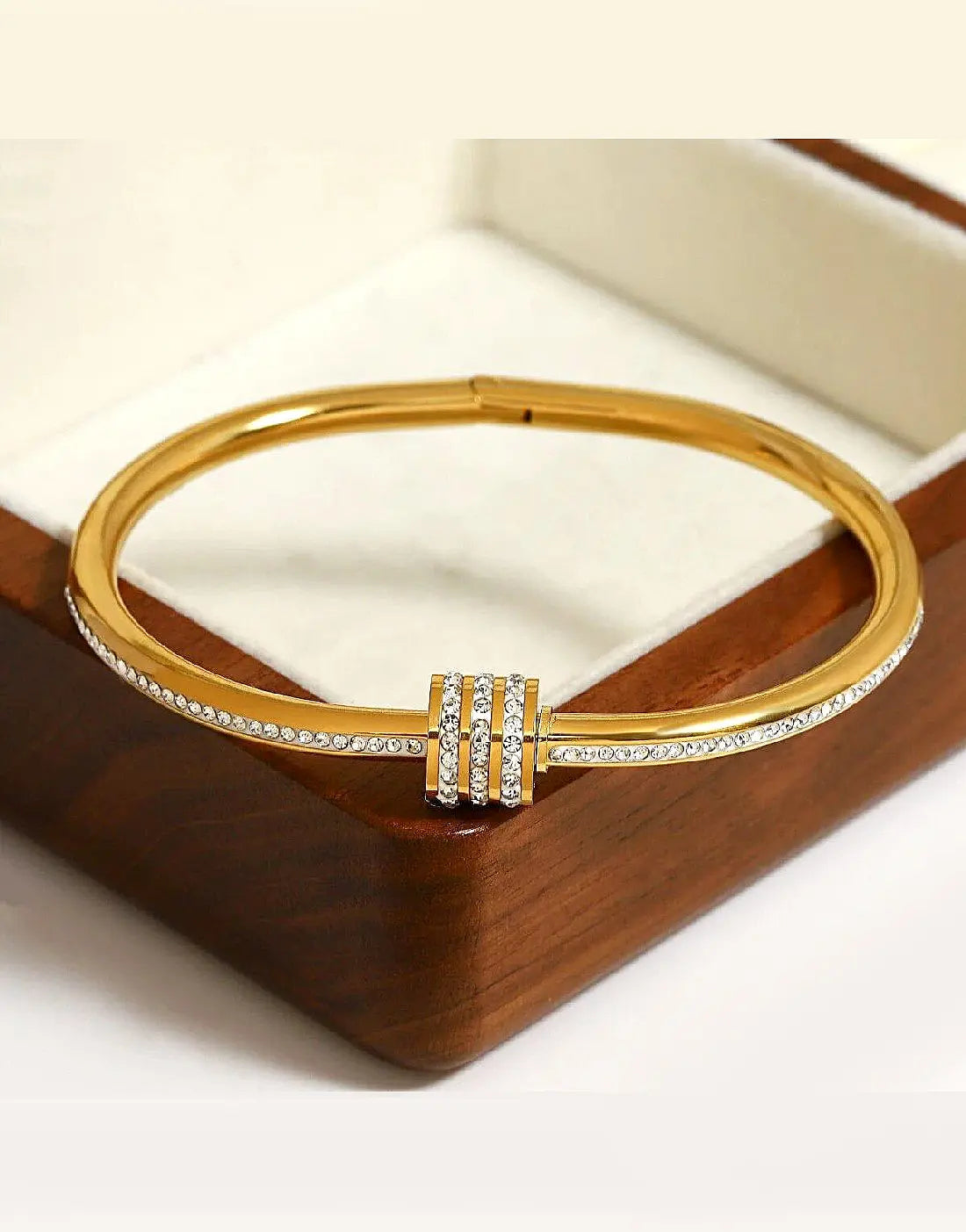 Gold Plated Rhinestone Studded Bangle Bracelet in Stainless Steel Finish