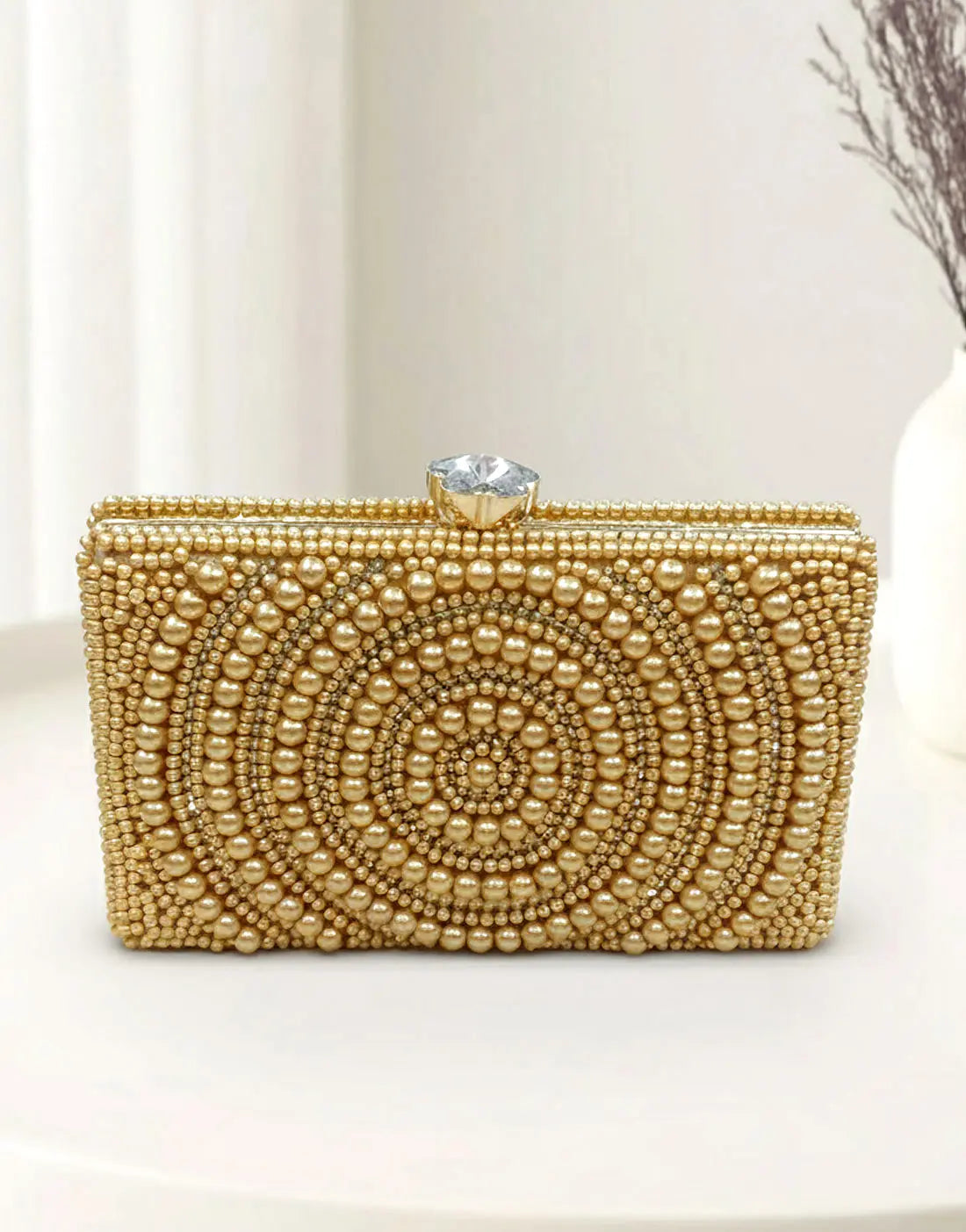 Exquisite Golden Beaded Clutch Bag – Geometric Design for Weddings & Party Wear