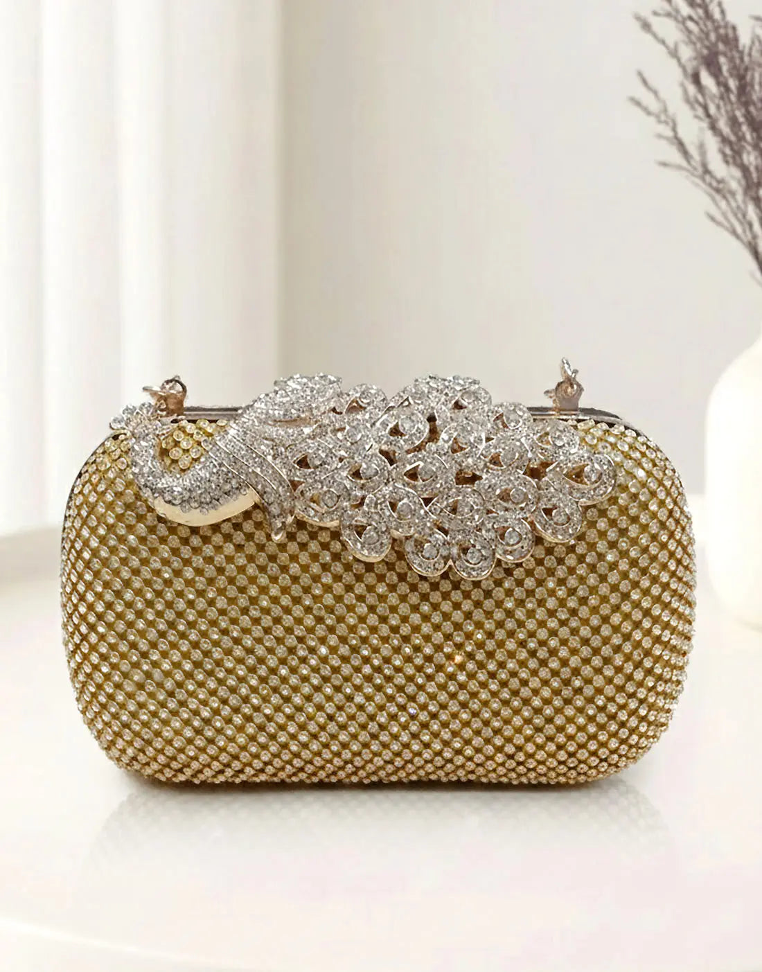 Glamorous Peacock Closure Gold Diamante Clutch Bag for Brides & Weddings