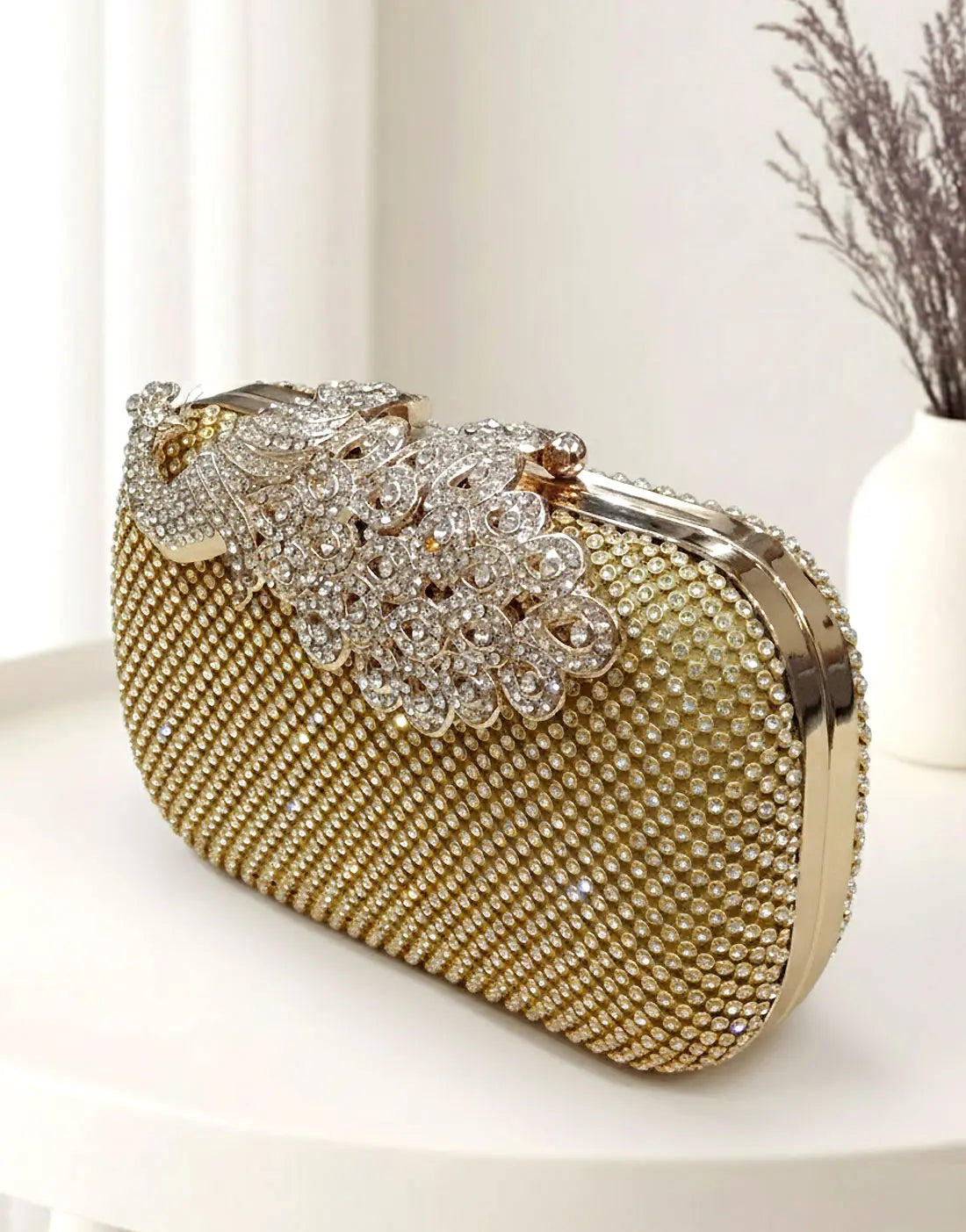 Glamorous Peacock Closure Gold Diamante Clutch Bag for Brides & Weddings