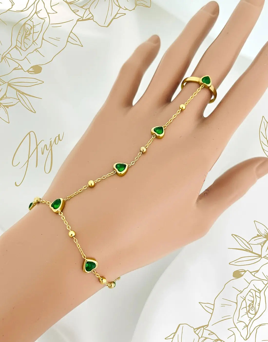 Gold Plated Stainless Steel Anja Bracelet Ring Set with Green Stone Heart Charm
