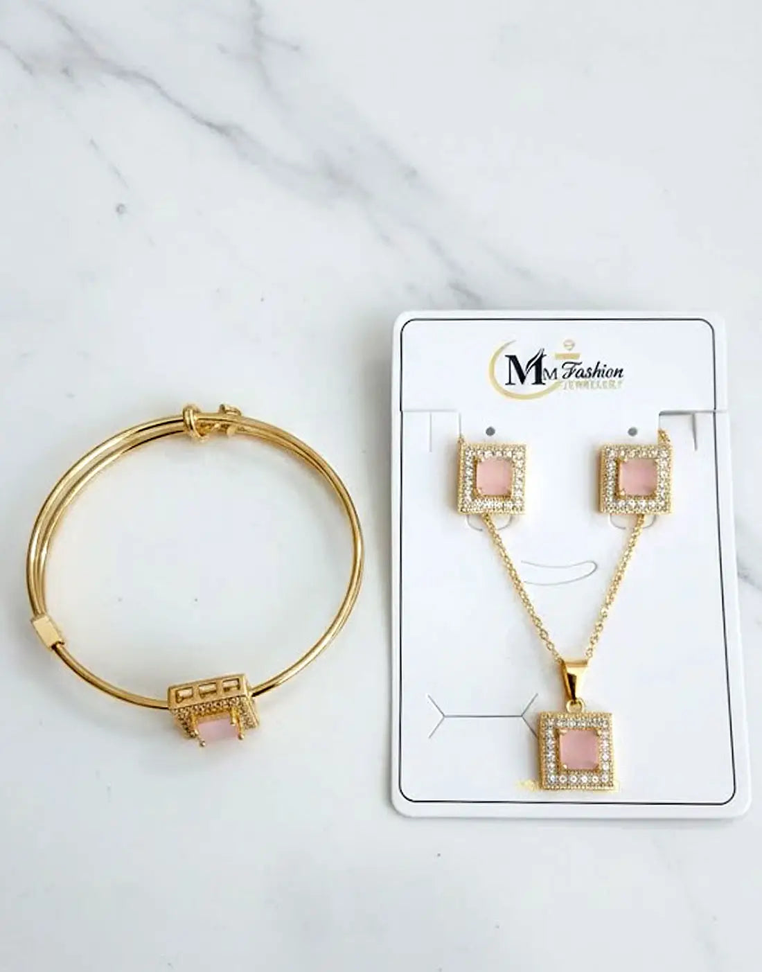 Rhinestone Studded Pink Stone Gold Plated Necklace, Earrings & Bangle Set