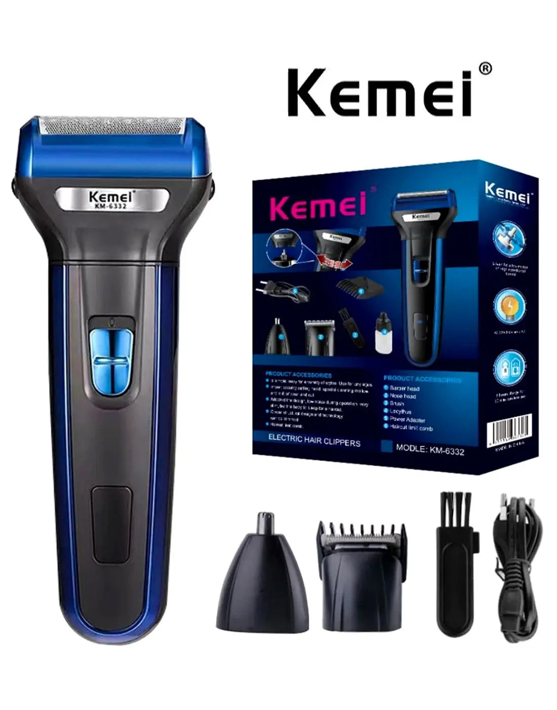 Kemei KM-6332 3-in-1 Grooming Kit - Rechargeable Trimmer for Beard, Hair & Nose Trimming
