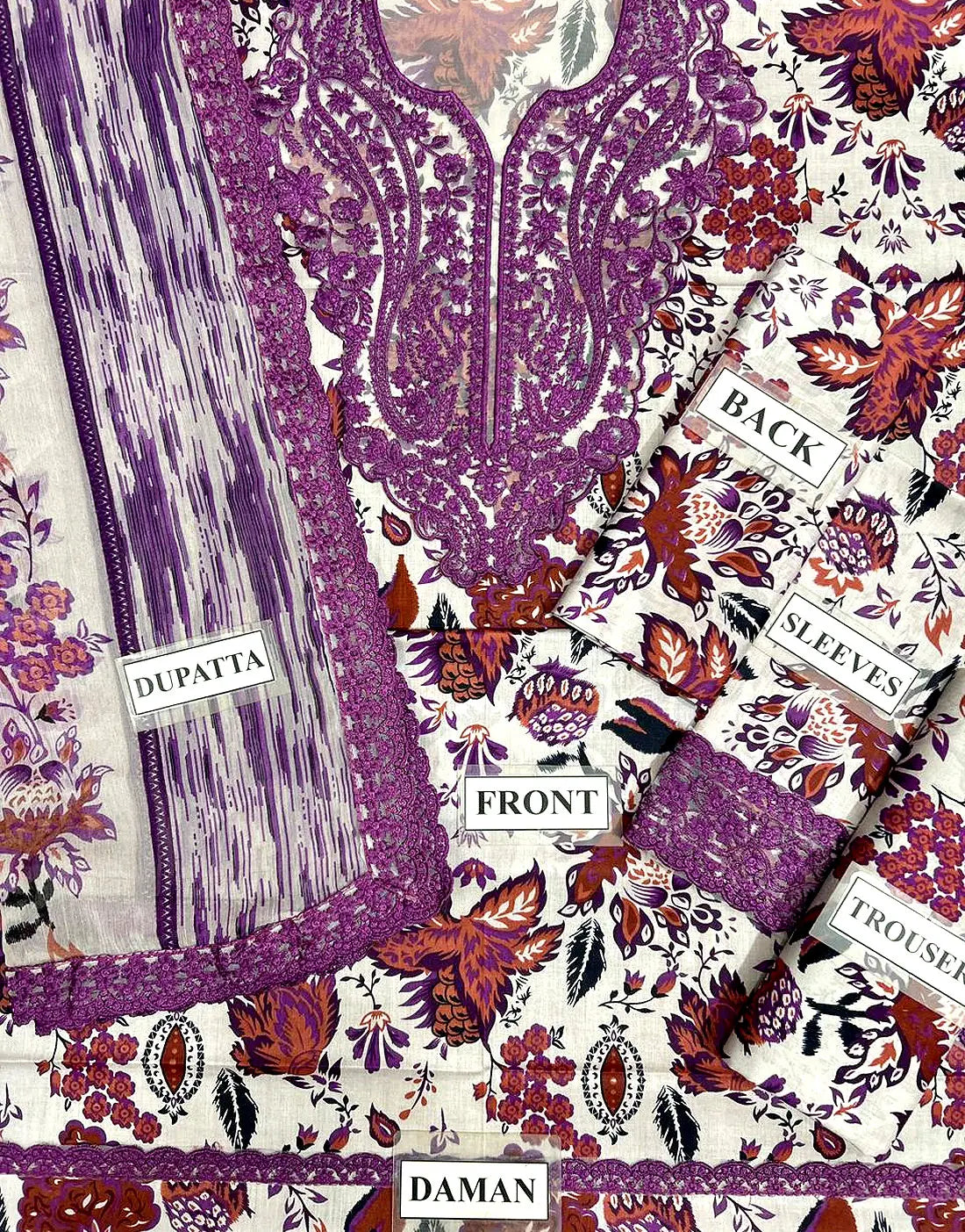 All-Over Flower Print Embroidered Lawn Design with Chiffon Dupatta