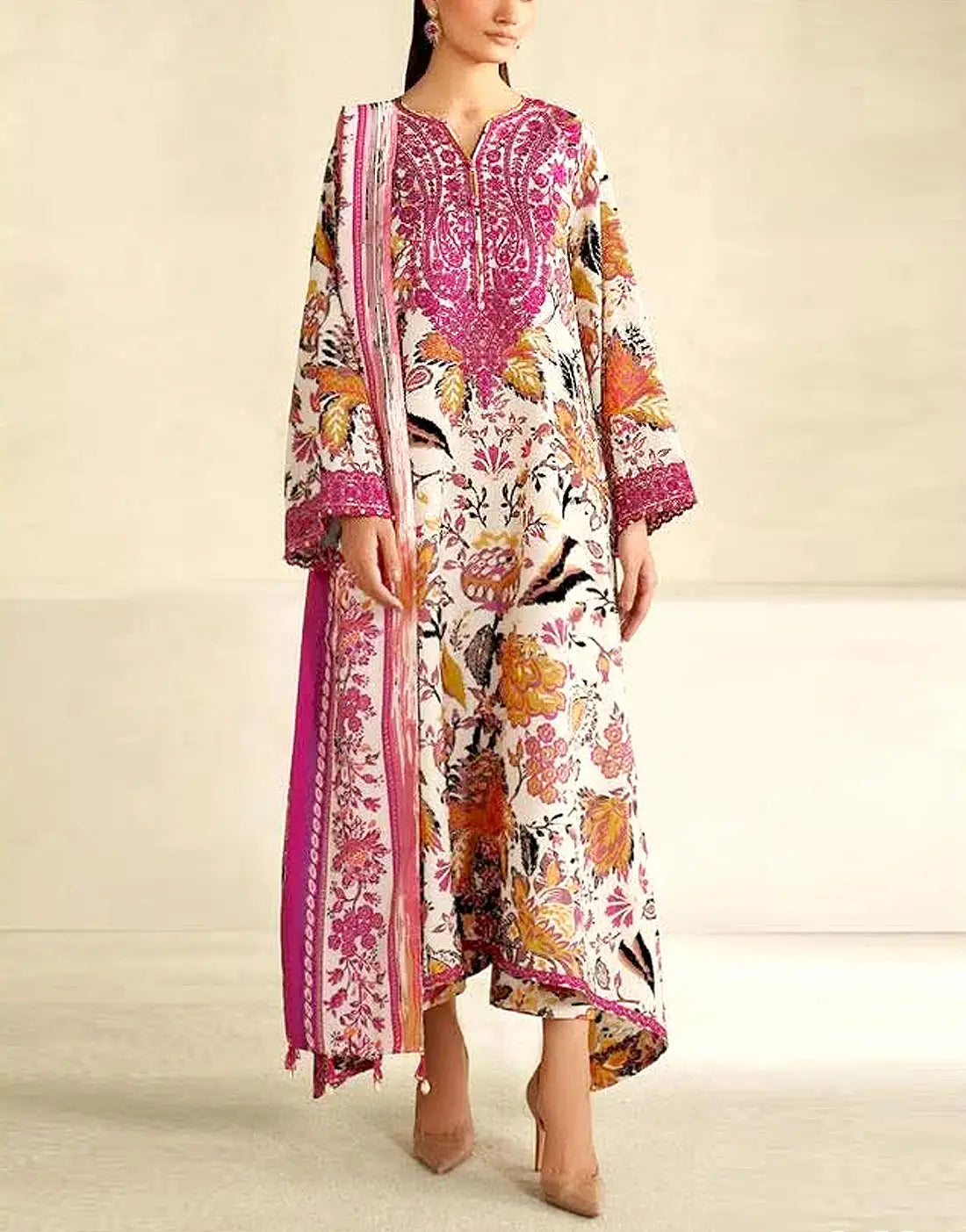 All-Over Flower Print Embroidered Lawn Suit with Chiffon Dupatta