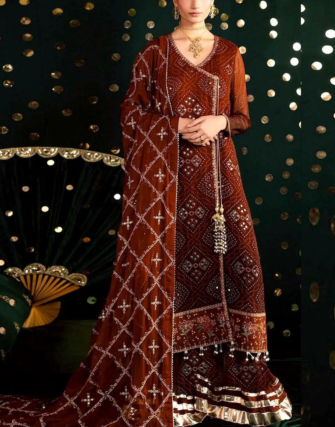 All-Over Chunri Print Embroidered Lawn Dress with 4-Side Emb. Chiffon Dupatta