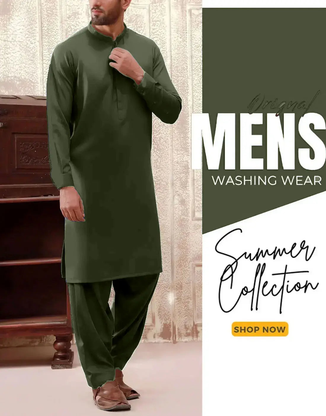 Italian Boski Army Green Wash & Wear Men’s Shalwar Kameez – Unstitched Formal & Eid Suit