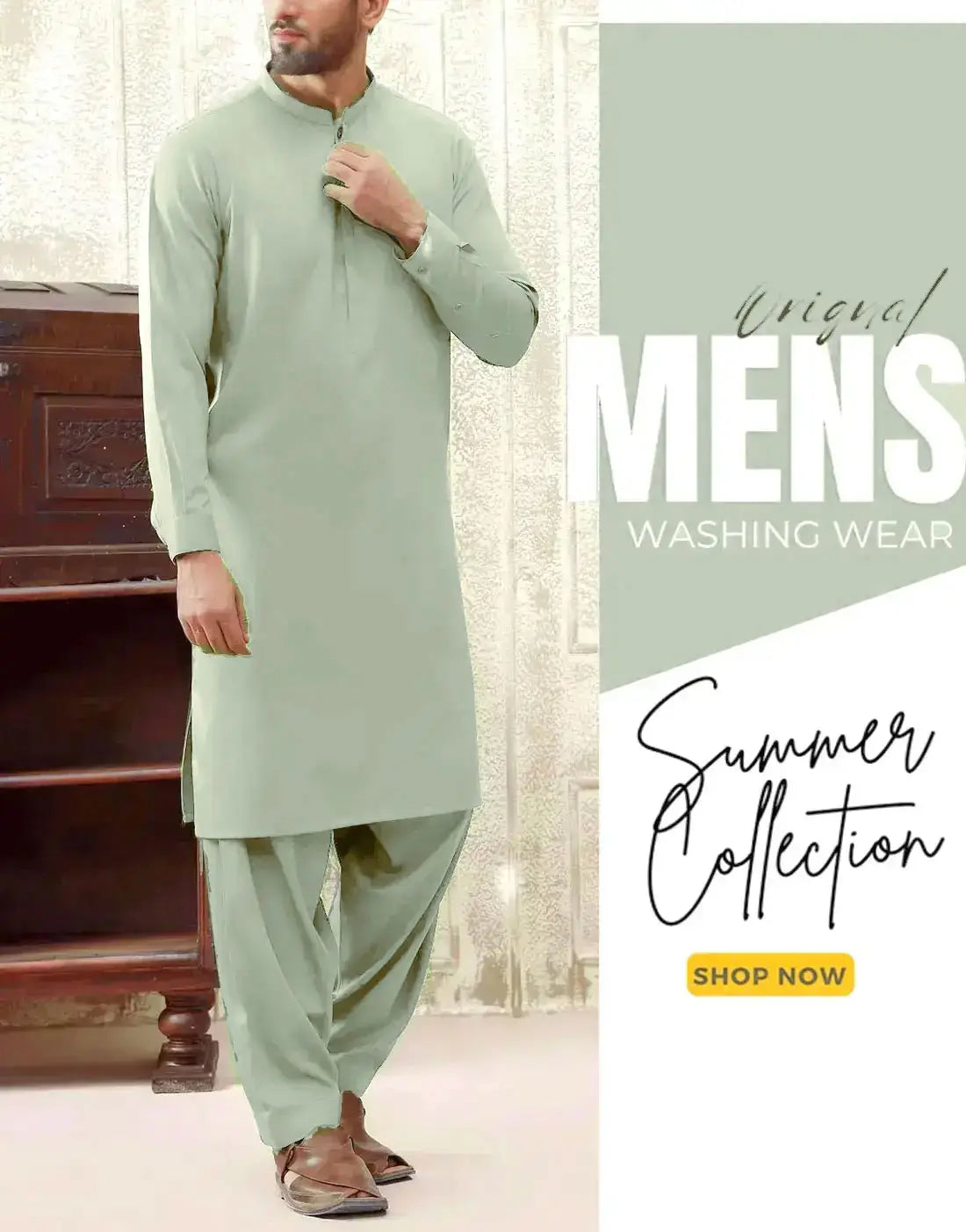 Italian Boski Pista Green Wash & Wear Men’s Shalwar Kameez – Unstitched Formal & Eid Suit