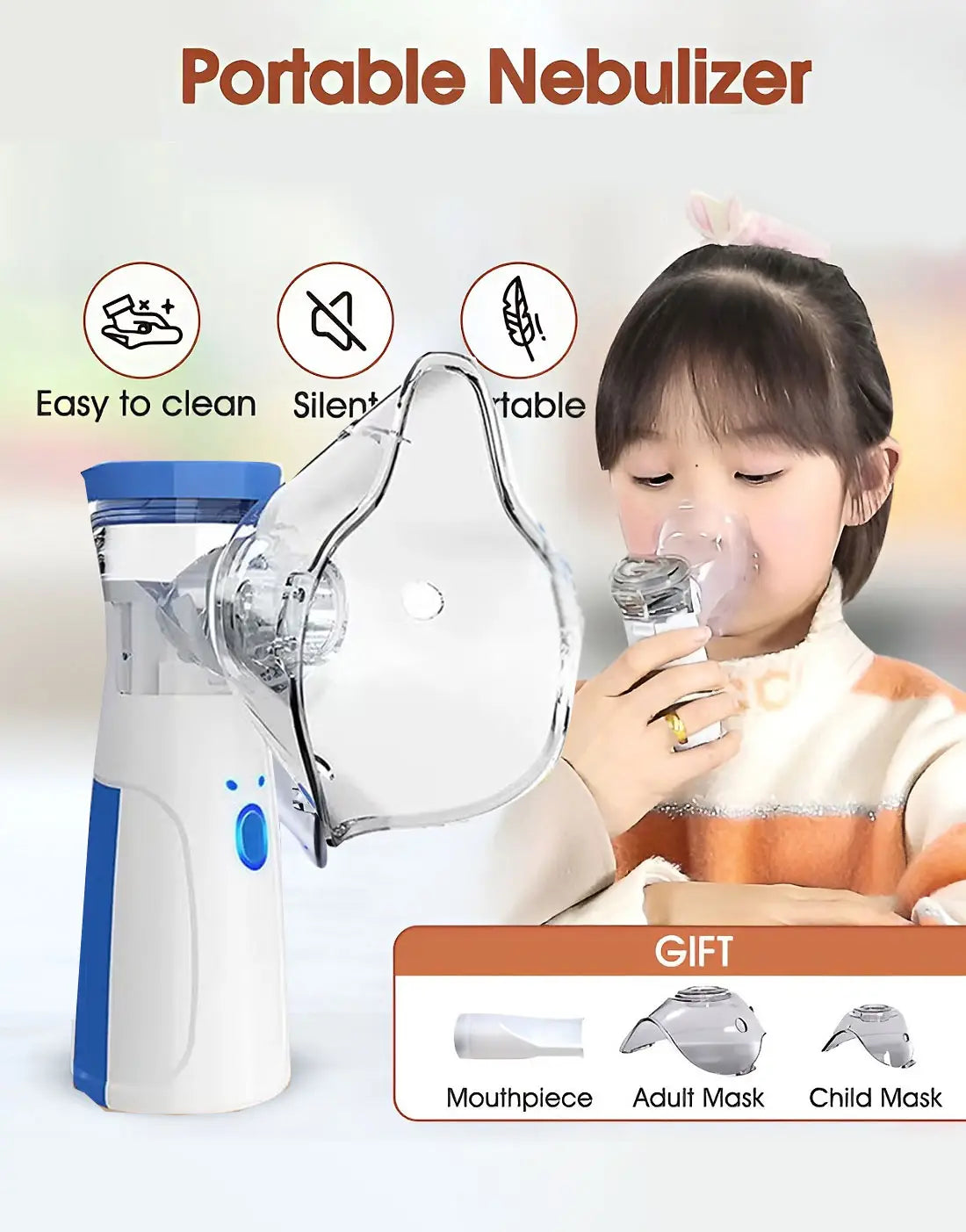Portable Mesh Nebulizer Machine JSL-W302 with Masks & Mini Inhaler for Kids & Adults